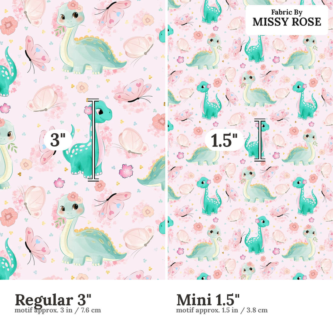 Design 943 Pink Dinosaur Fabric Regular 3 inch vs Mini 1.5 inch print scale side by side | Fabric by Missy Rose