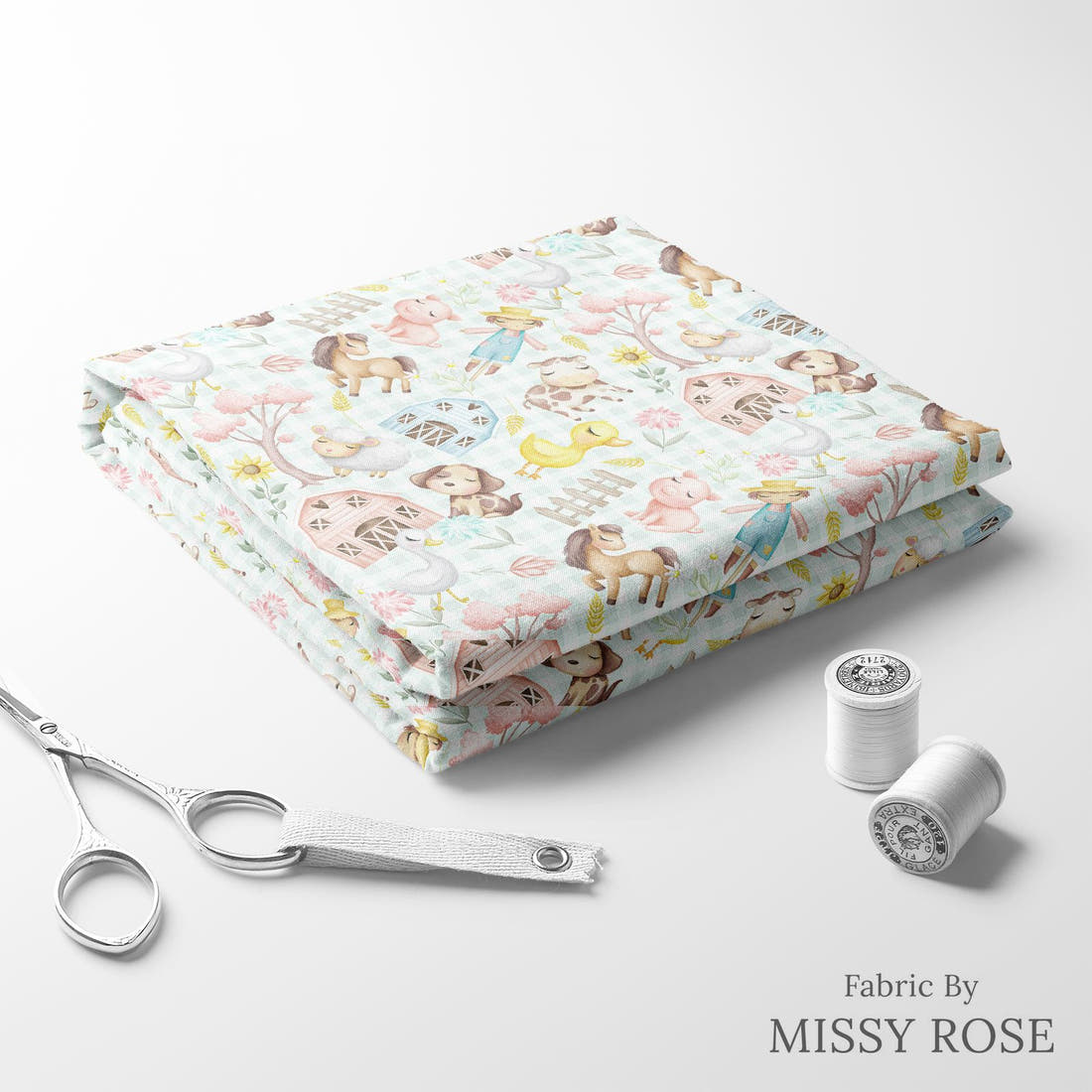 Design 944 Plaid Farm Fabric folded fabric stack with matching thread – pre-order fabric Australia | Fabric by Missy Rose