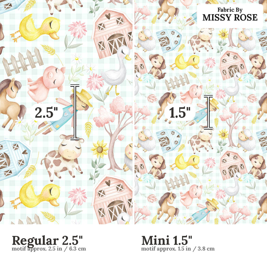 Design 944 Plaid Farm Fabric Regular 2.5 inch vs Mini 1.5 inch print scale side by side | Fabric by Missy Rose