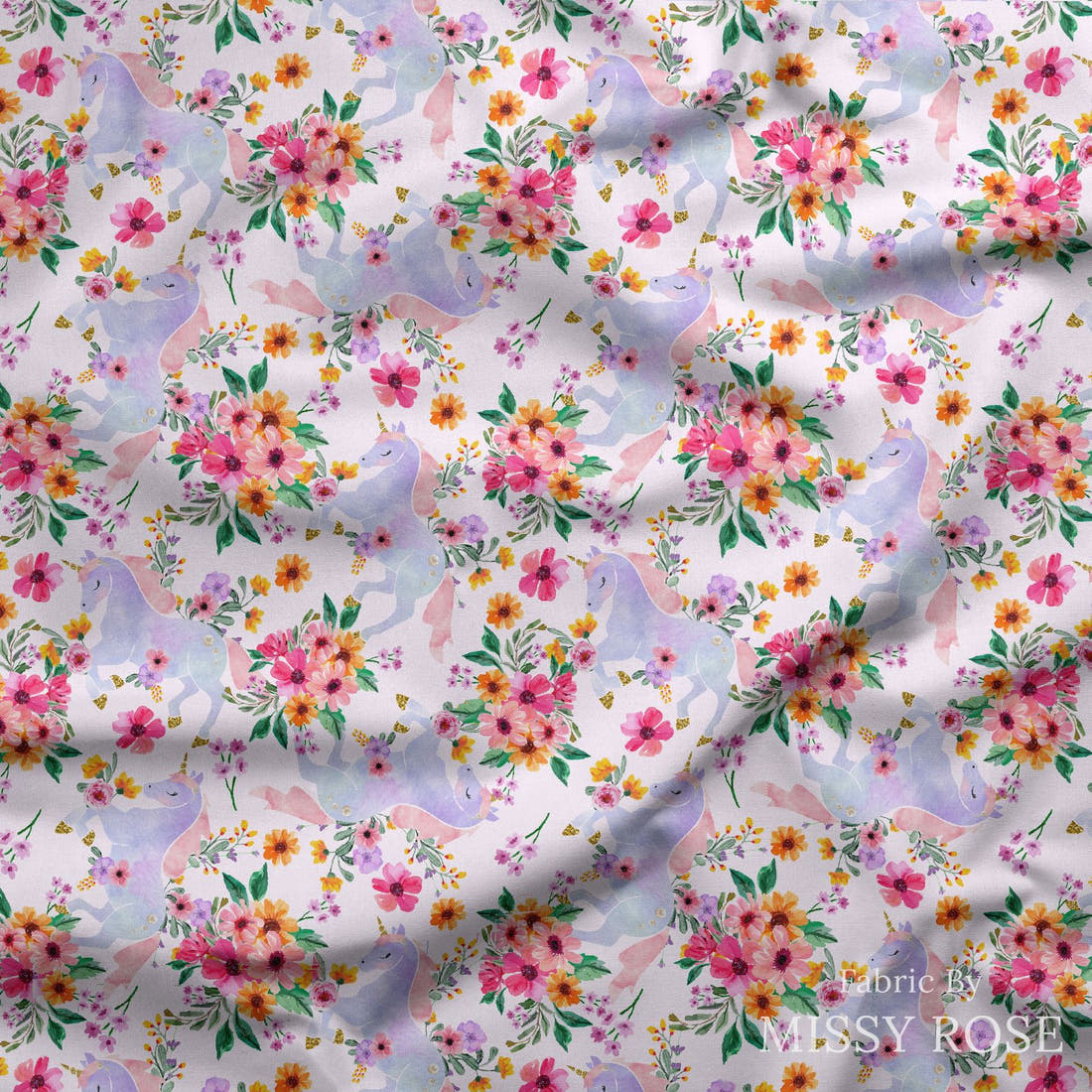Design 945 Floral Unicorn Fabric draped fabric mockup – custom printed fabric by the metre | Fabric by Missy Rose