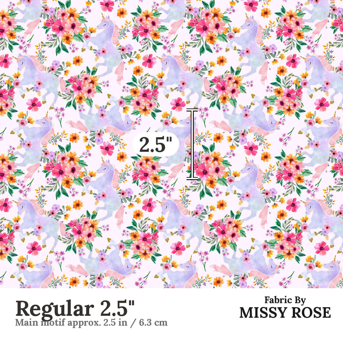 Design 945 Floral Unicorn Fabric Regular 2.5 inch print scale guide | Fabric by Missy Rose