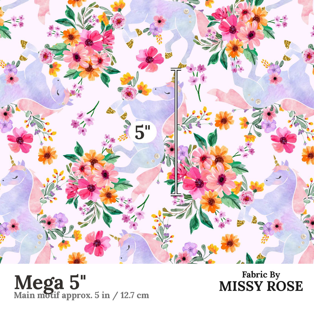 Design 945 Floral Unicorn Fabric Mega 5 inch print scale guide | Fabric by Missy Rose