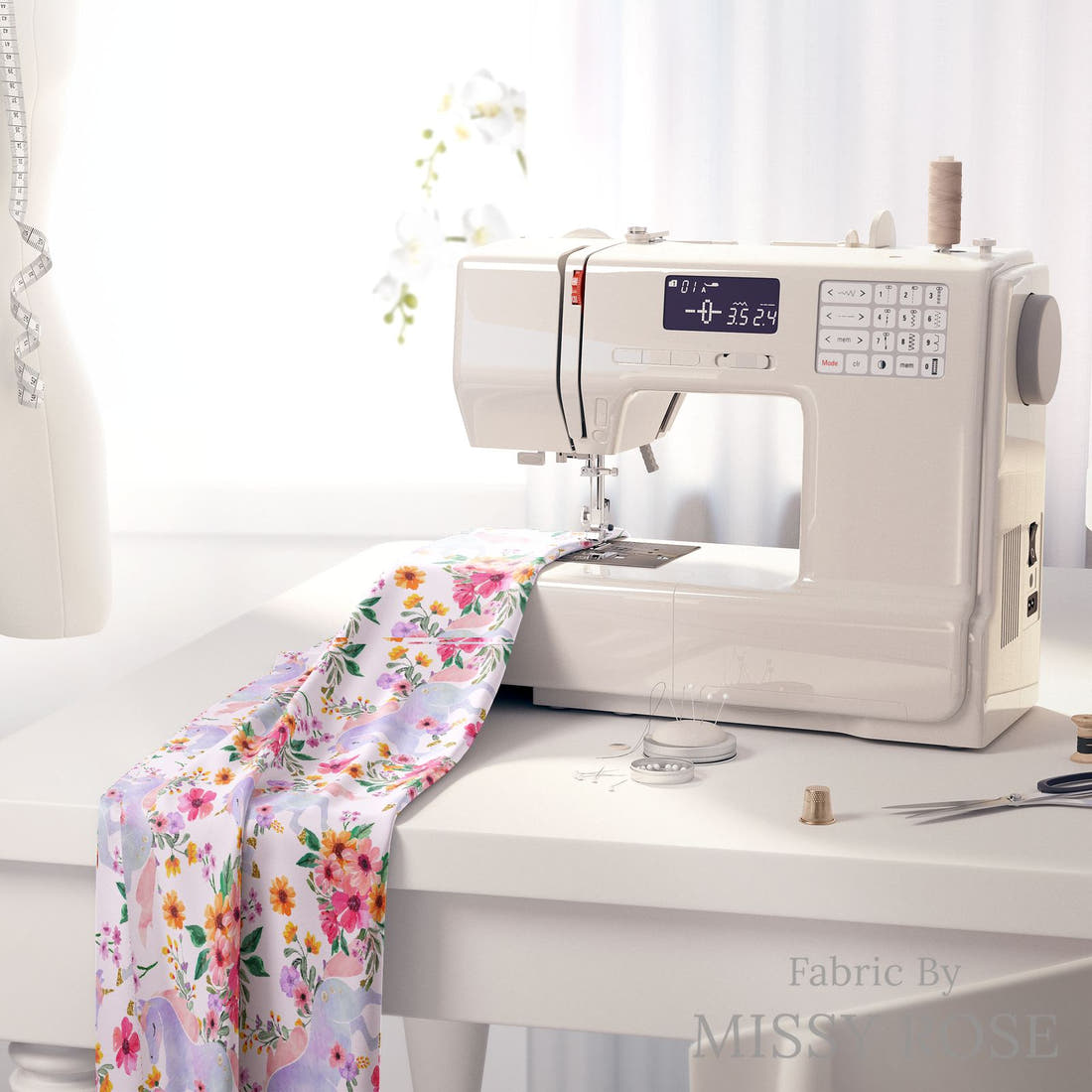 Design 945 Floral Unicorn Fabric on a sewing machine – premium fabric for sewing projects | Fabric by Missy Rose
