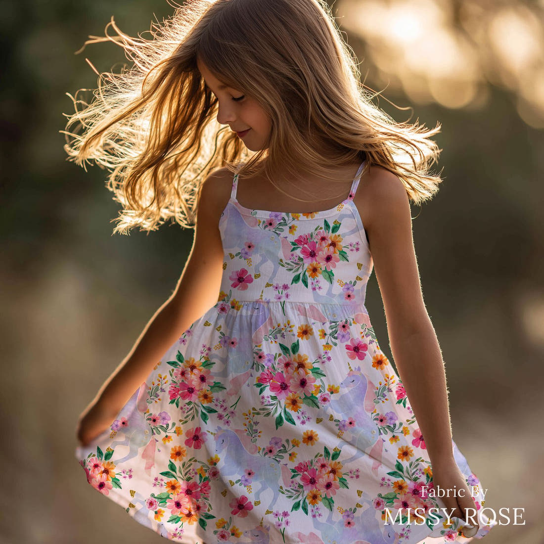 Design 945 Floral Unicorn Fabric sewn into a girls' dress – see how the print looks made up | Fabric by Missy Rose