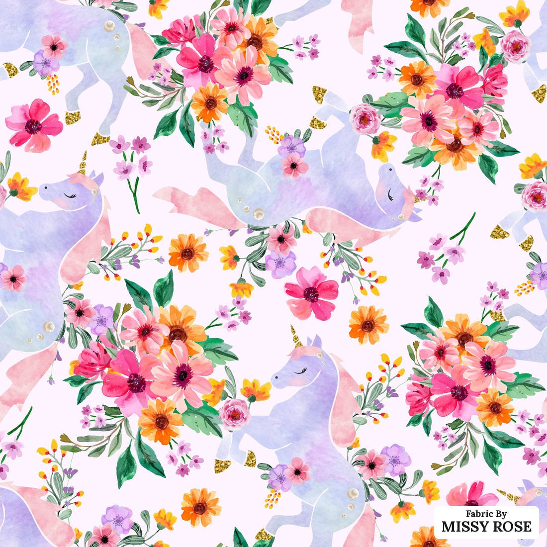 Design 945 Floral Unicorn Fabric – flat view of the print, zoom in for detail | Fabric by Missy Rose