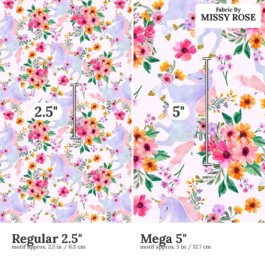Design 945 Floral Unicorn Fabric Regular 2.5 inch vs Mega 5 inch print scale side by side | Fabric by Missy Rose