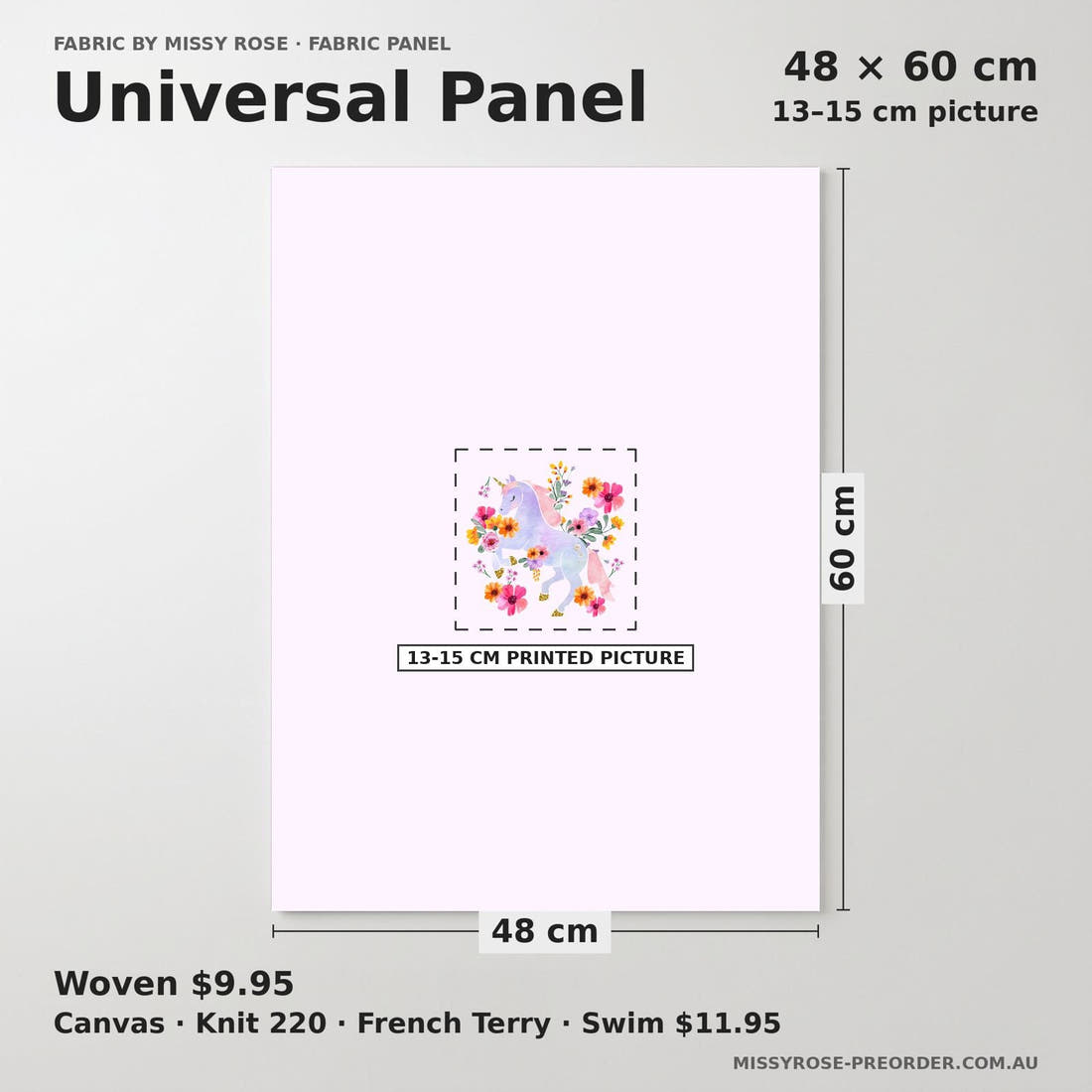 Design 945 Floral Unicorn Panel universal panel sizing – 13–15 cm printed picture on 48 × 60 cm fabric | Fabric by Missy Rose