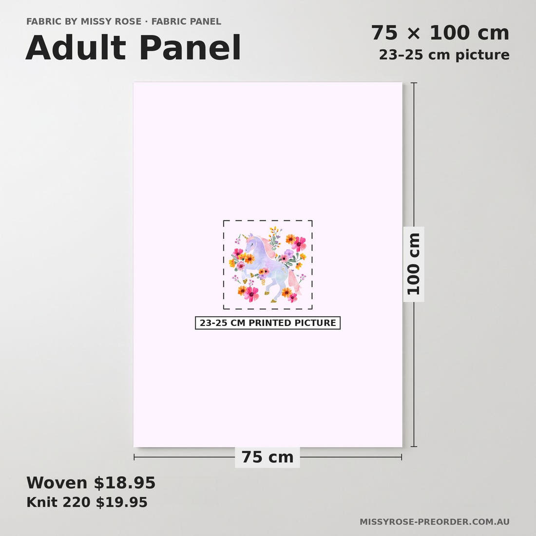 Design 945 Floral Unicorn Panel adult panel sizing – 23–25 cm printed picture on 75 × 100 cm fabric | Fabric by Missy Rose