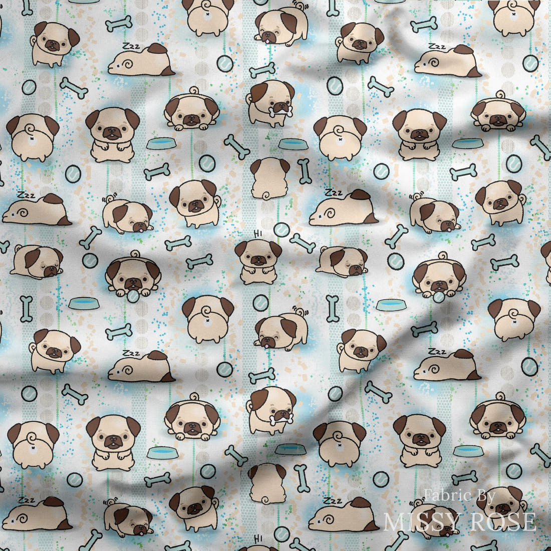 Design 946 Pug Fabric draped fabric mockup – custom printed fabric by the metre | Fabric by Missy Rose