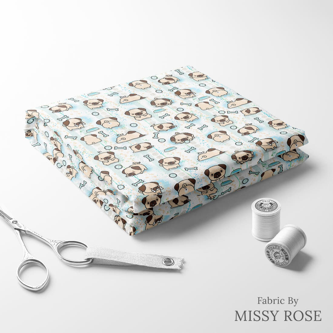 Design 946 Pug Fabric folded fabric stack with matching thread – pre-order fabric Australia | Fabric by Missy Rose