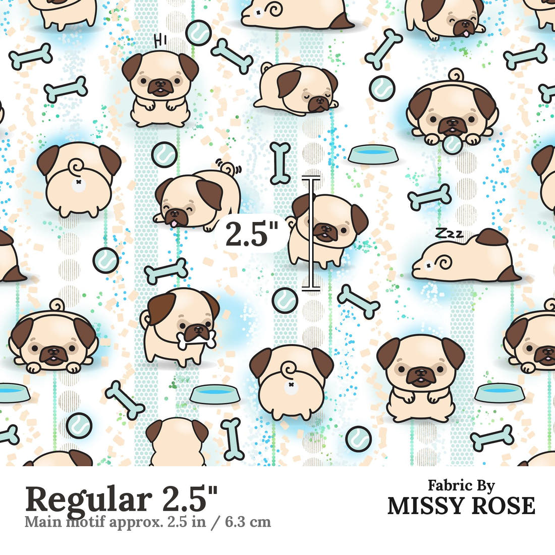 Design 946 Pug Fabric Regular 2.5 inch print scale guide | Fabric by Missy Rose
