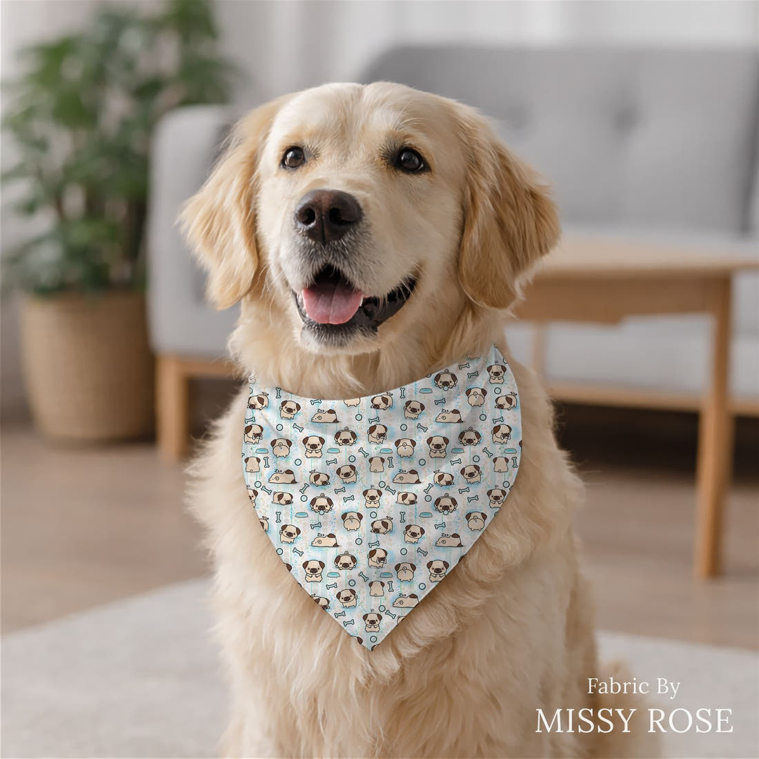 Design 946 Pug Fabric sewn into a dog bandana – see how the print looks made up | Fabric by Missy Rose