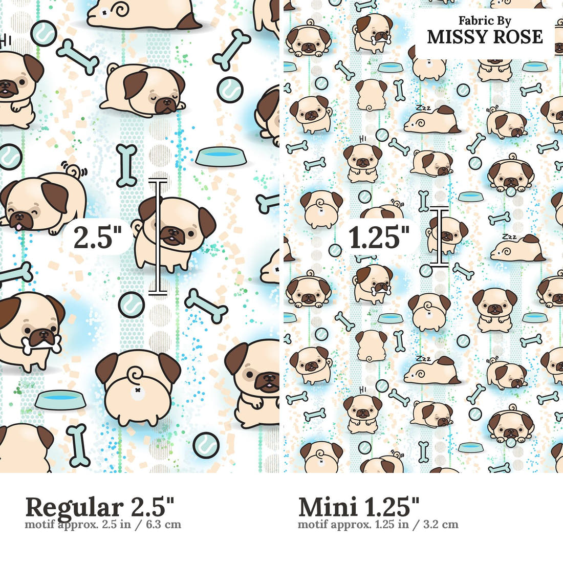 Design 946 Pug Fabric Regular 2.5 inch vs Mini 1.25 inch print scale side by side | Fabric by Missy Rose