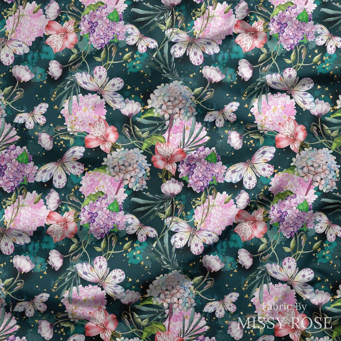 Design 947 Green Butterfly Fabric draped fabric mockup – custom printed fabric by the metre | Fabric by Missy Rose
