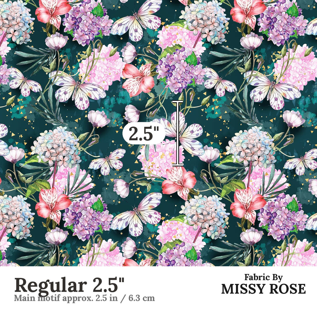 Design 947 Green Butterfly Fabric Regular 2.5 inch print scale guide | Fabric by Missy Rose