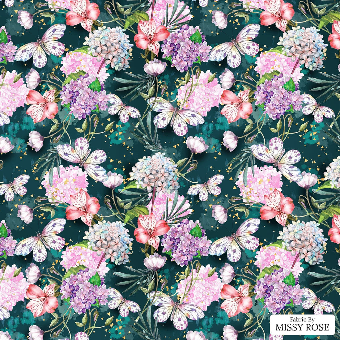 Design 947 Green Butterfly Fabric – flat view of the print, zoom in for detail | Fabric by Missy Rose