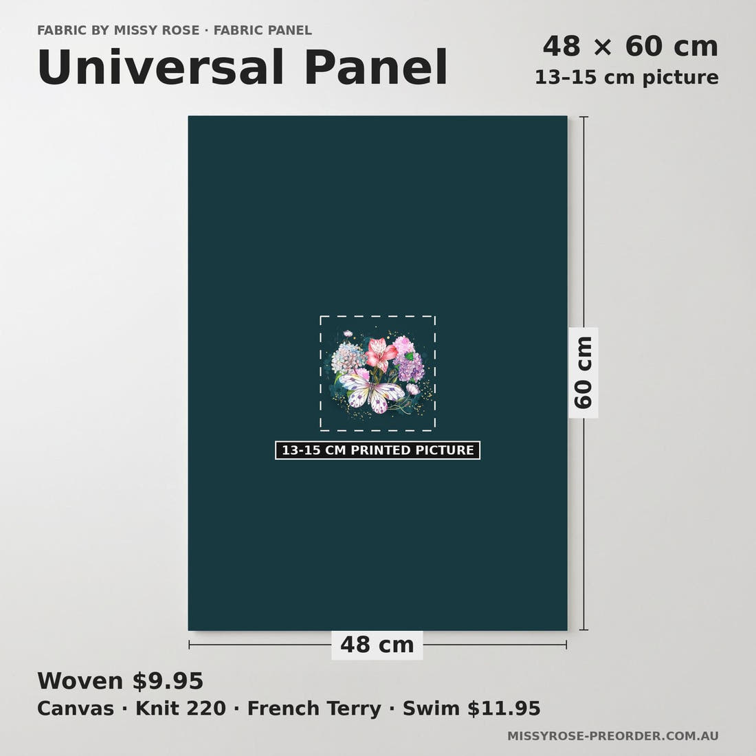 Design 947 Green Butterfly Panel universal panel sizing – 13–15 cm printed picture on 48 × 60 cm fabric | Fabric by Missy Rose