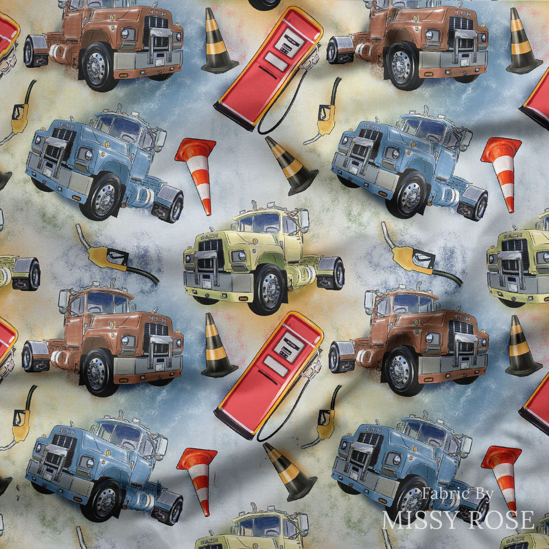 Design 948 Mack Truck Fabric draped fabric mockup – custom printed fabric by the metre | Fabric by Missy Rose