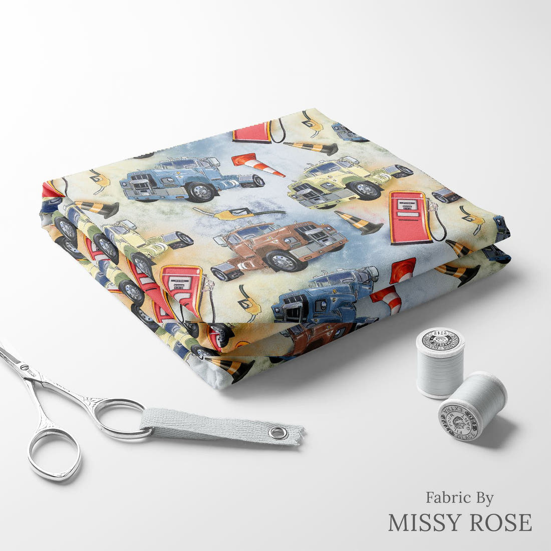 Design 948 Mack Truck Fabric folded fabric stack with matching thread – pre-order fabric Australia | Fabric by Missy Rose