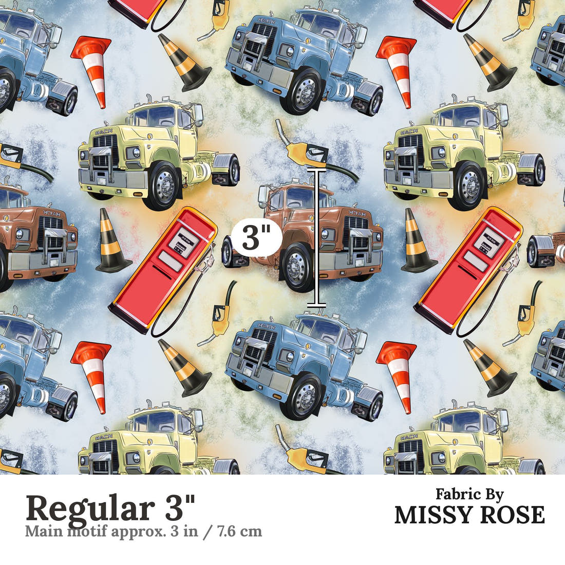 Design 948 Mack Truck Fabric Regular 3 inch print scale guide | Fabric by Missy Rose