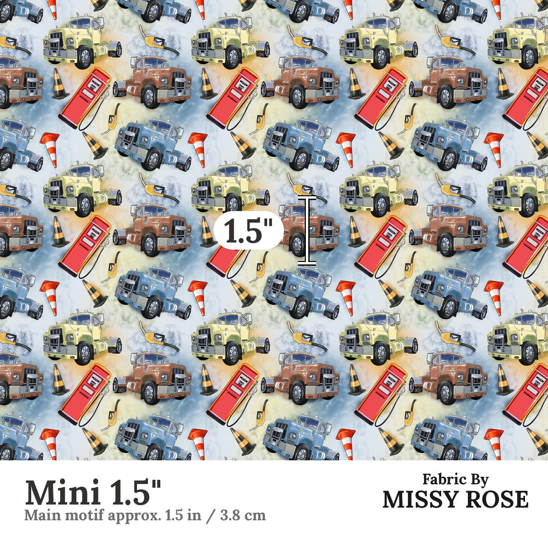 Design 948 Mack Truck Fabric Mini 1.5 inch print scale guide | Fabric by Missy Rose