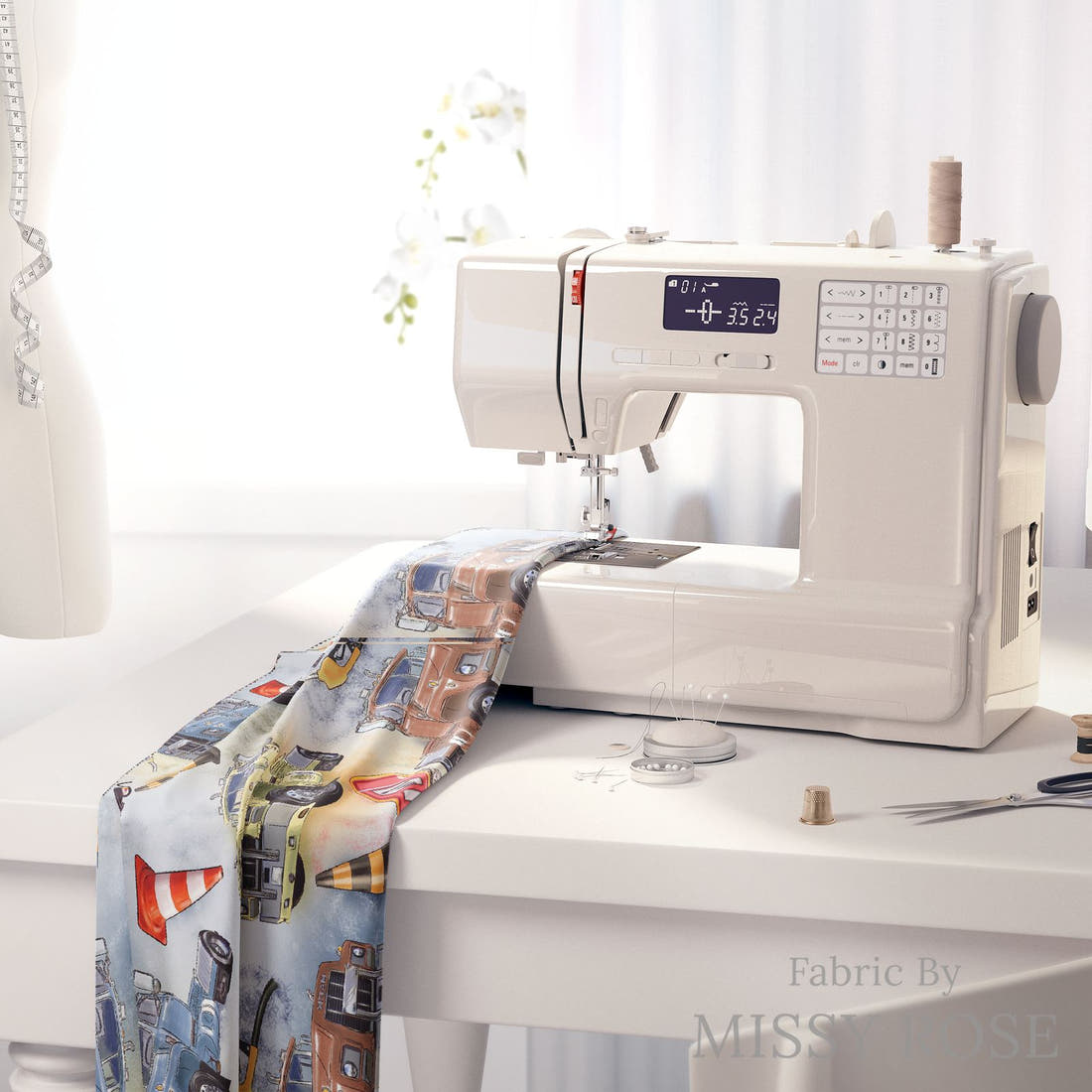 Design 948 Mack Truck Fabric on a sewing machine – premium fabric for sewing projects | Fabric by Missy Rose