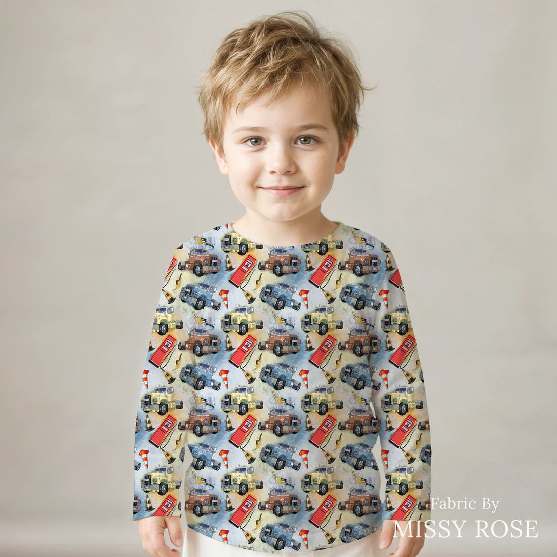 Design 948 Mack Truck Fabric sewn into a kids' long sleeve top – see how the print looks made up | Fabric by Missy Rose
