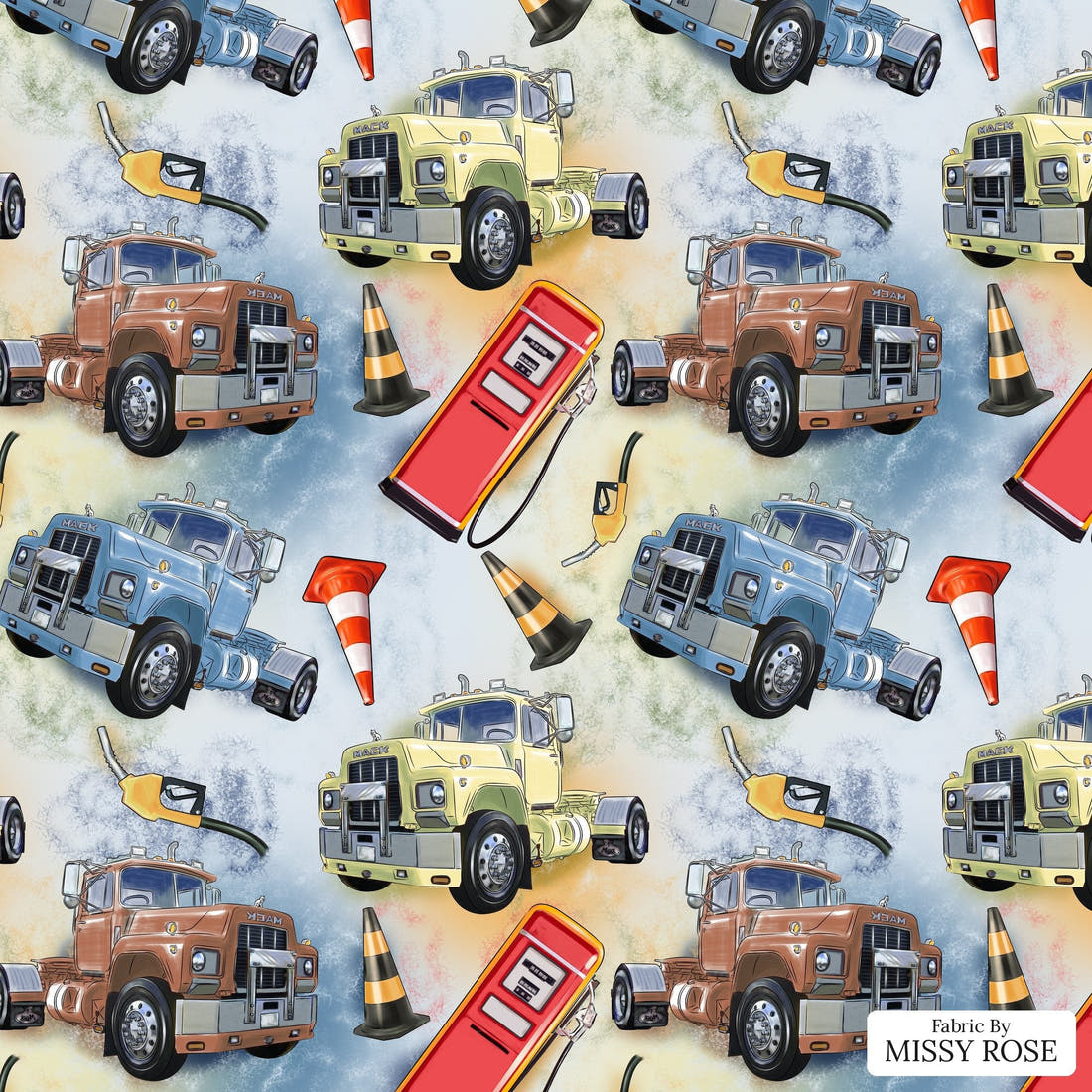 Design 948 Mack Truck Fabric – flat view of the print, zoom in for detail | Fabric by Missy Rose