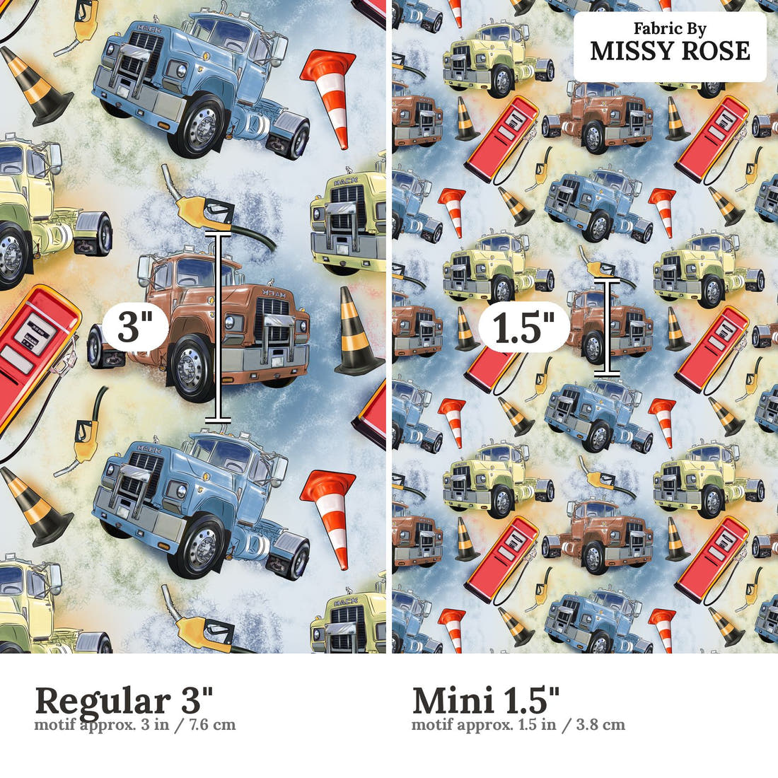 Design 948 Mack Truck Fabric Regular 3 inch vs Mini 1.5 inch print scale side by side | Fabric by Missy Rose