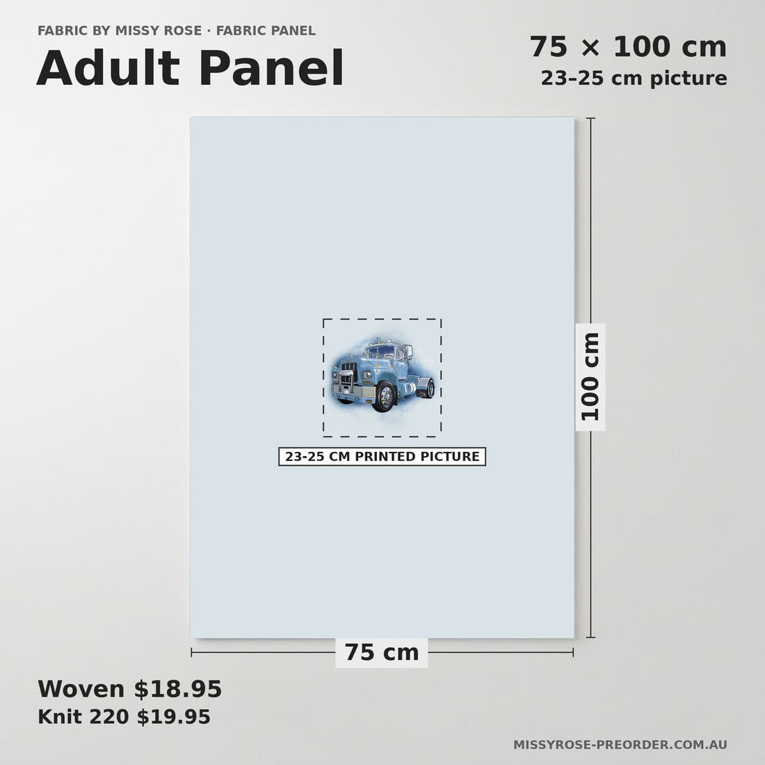 Design 948 Mack Truck Panel adult panel sizing – 23–25 cm printed picture on 75 × 100 cm fabric | Fabric by Missy Rose