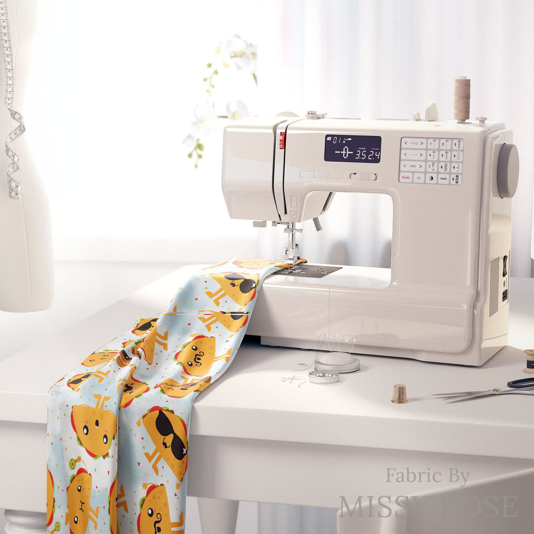 Design 949 Taco Fabric on a sewing machine – premium fabric for sewing projects | Fabric by Missy Rose
