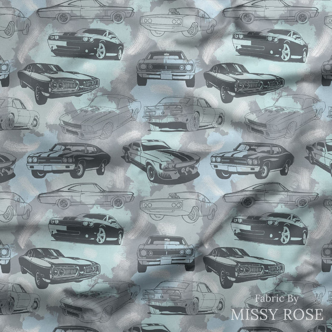 Design 950 Grey Muscle Car Fabric draped fabric mockup – custom printed fabric by the metre | Fabric by Missy Rose
