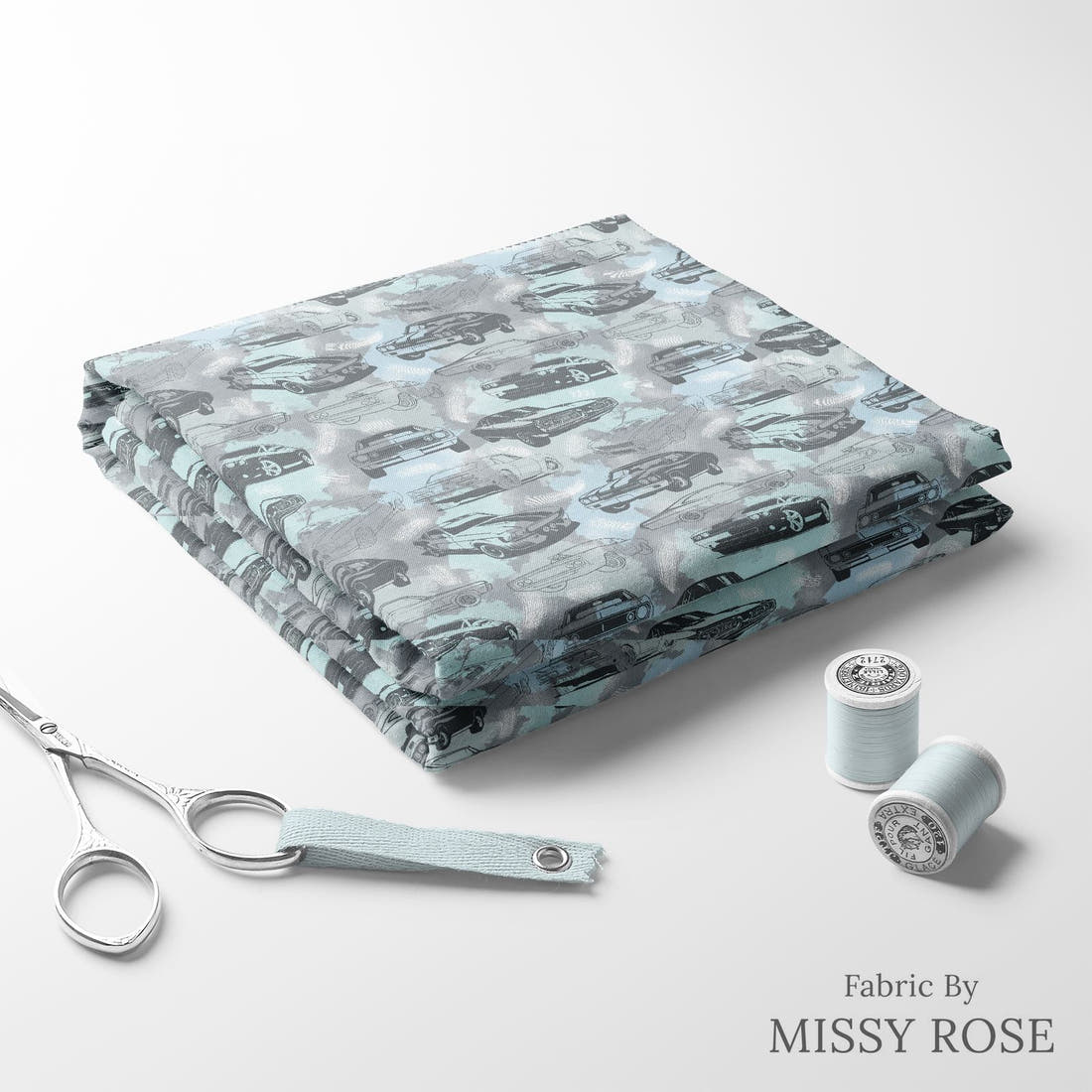 Design 950 Grey Muscle Car Fabric folded fabric stack with matching thread – pre-order fabric Australia | Fabric by Missy Rose