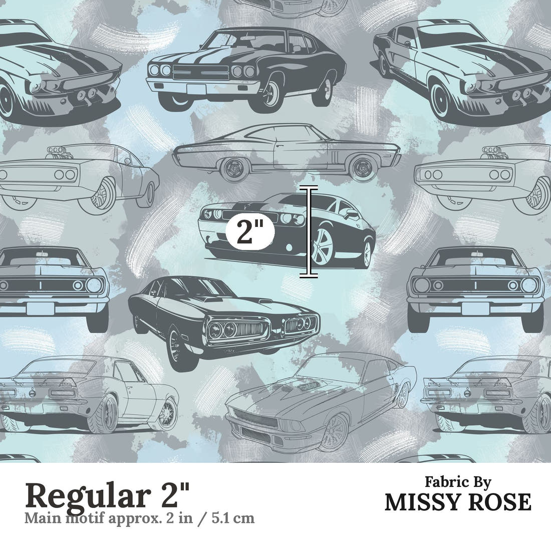Design 950 Grey Muscle Car Fabric Regular 2 inch print scale guide | Fabric by Missy Rose