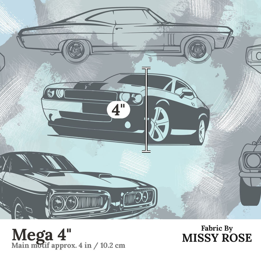 Design 950 Grey Muscle Car Fabric Mega 4 inch print scale guide | Fabric by Missy Rose