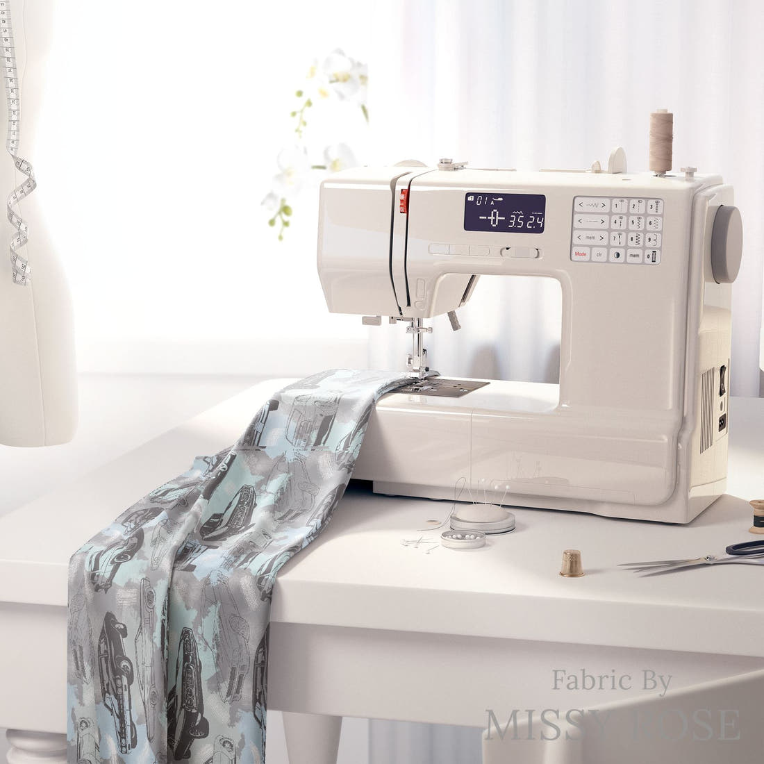 Design 950 Grey Muscle Car Fabric on a sewing machine – premium fabric for sewing projects | Fabric by Missy Rose