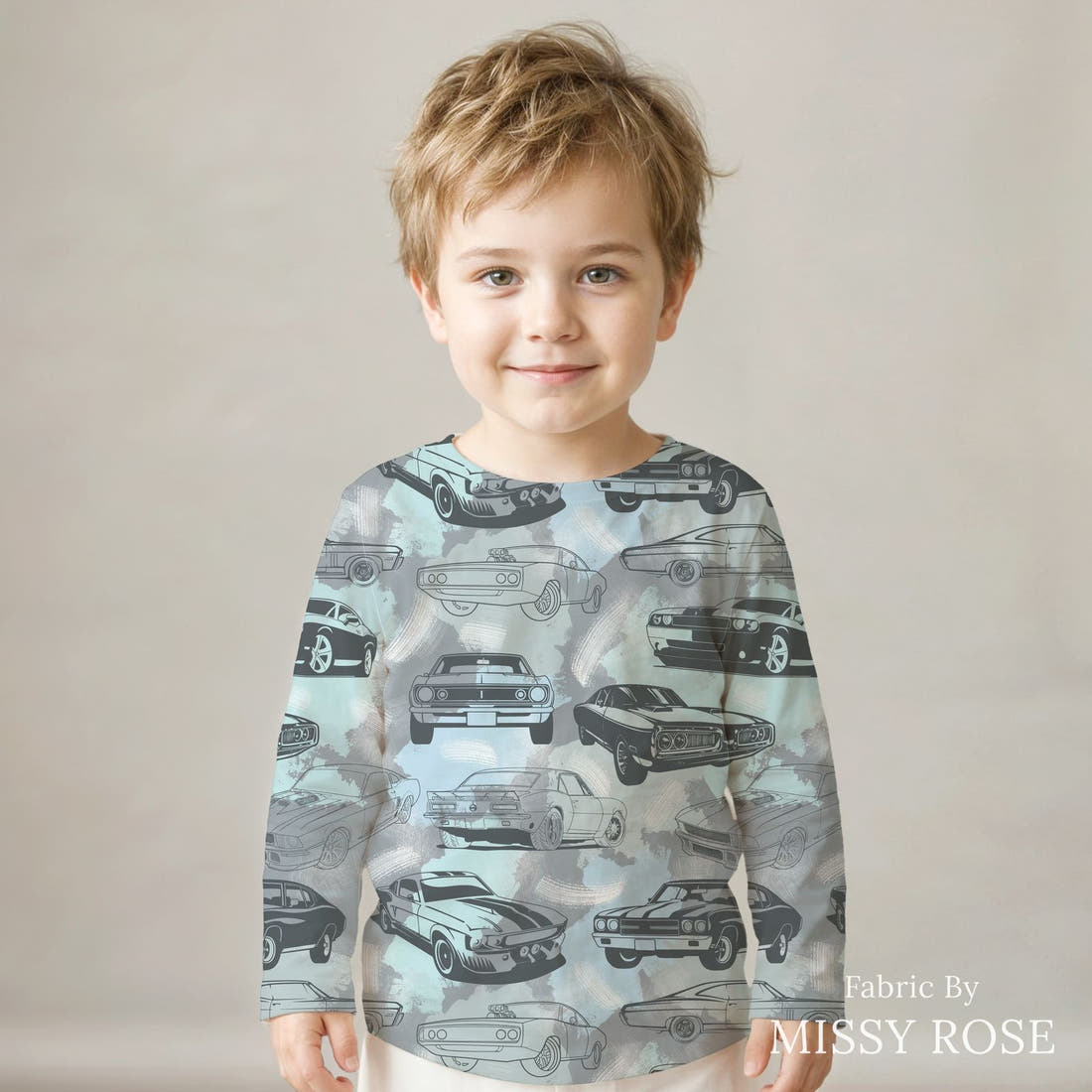 Design 950 Grey Muscle Car Fabric sewn into a kids' long sleeve top – see how the print looks made up | Fabric by Missy Rose