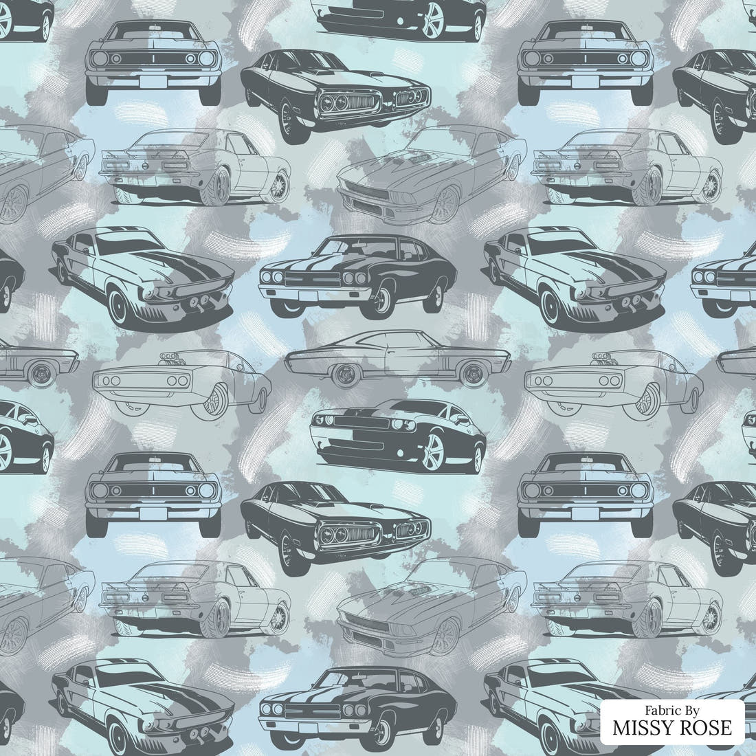 Design 950 Grey Muscle Car Fabric – flat view of the print, zoom in for detail | Fabric by Missy Rose