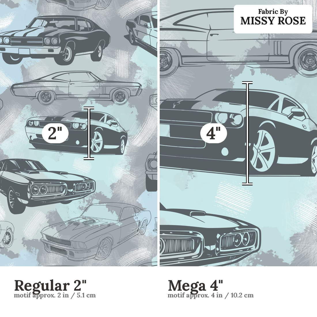 Design 950 Grey Muscle Car Fabric Regular 2 inch vs Mega 4 inch print scale side by side | Fabric by Missy Rose