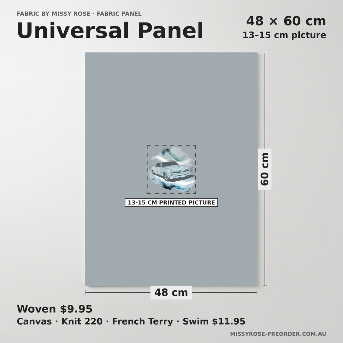 Design 950 Grey Muscle Car Panel universal panel sizing – 13–15 cm printed picture on 48 × 60 cm fabric | Fabric by Missy Rose
