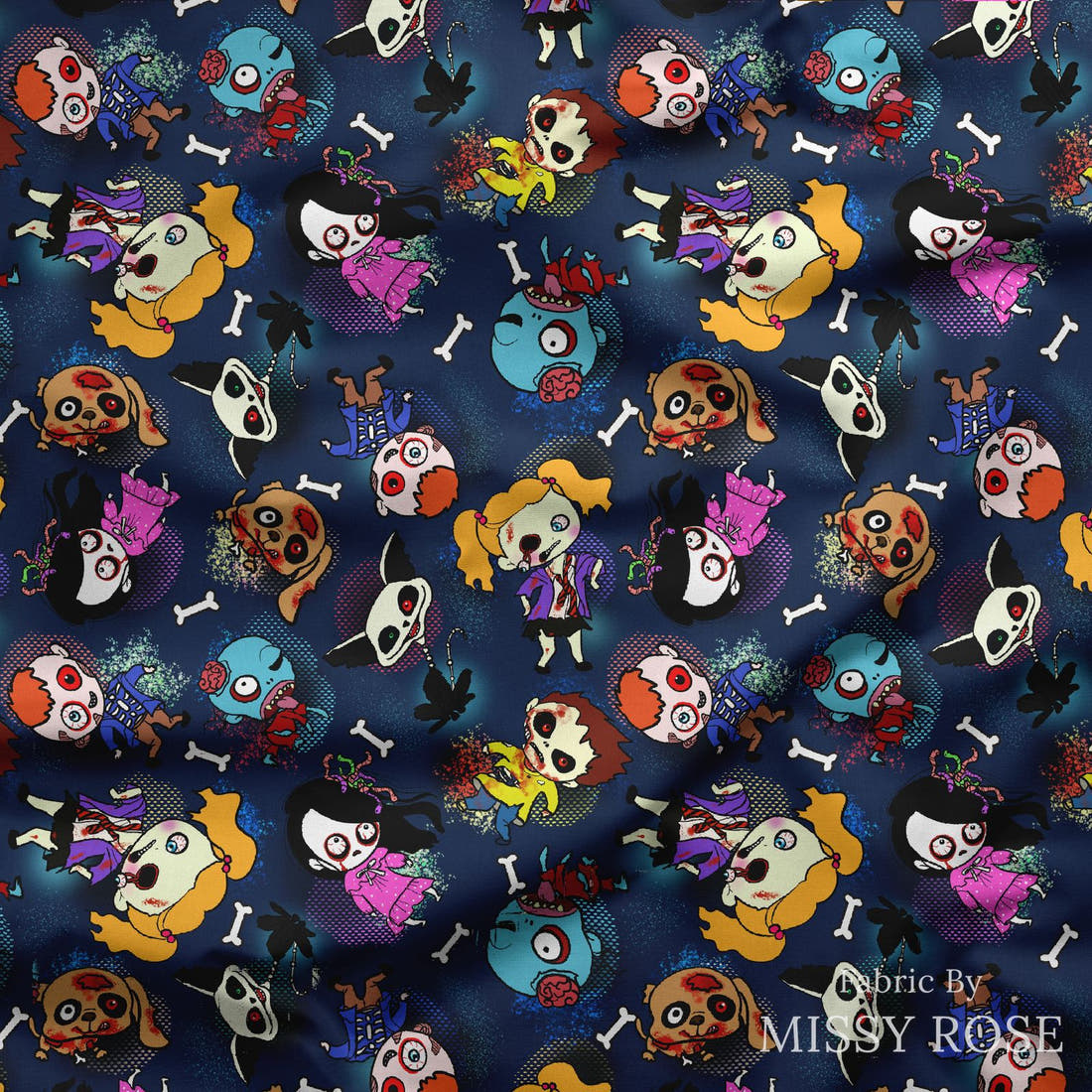 Design 951 Navy Zombie Fabric draped fabric mockup – custom printed fabric by the metre | Fabric by Missy Rose