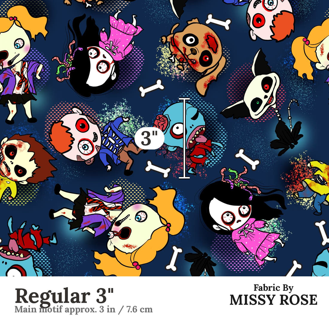 Design 951 Navy Zombie Fabric Regular 3 inch print scale guide | Fabric by Missy Rose