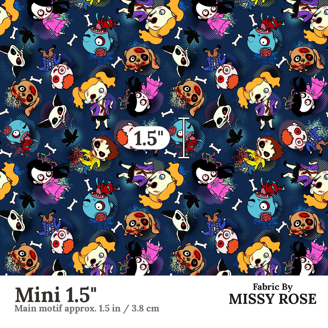 Design 951 Navy Zombie Fabric Mini 1.5 inch print scale guide | Fabric by Missy Rose