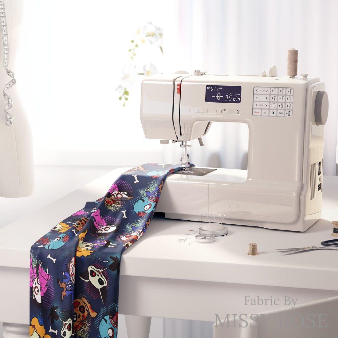 Design 951 Navy Zombie Fabric on a sewing machine – premium fabric for sewing projects | Fabric by Missy Rose