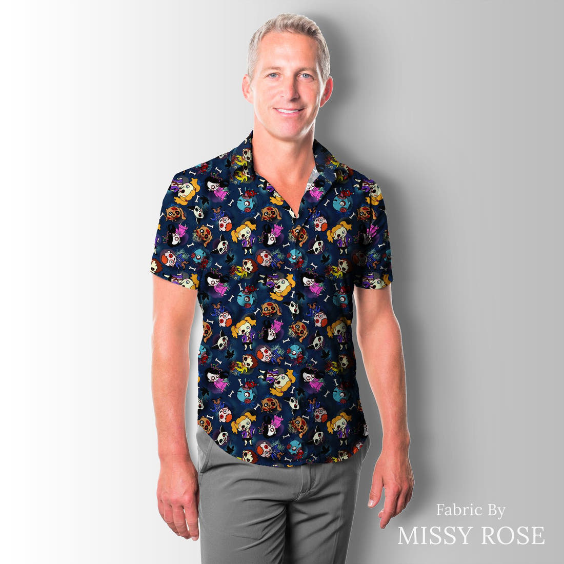 Design 951 Navy Zombie Fabric sewn into a men's shirt – see how the print looks made up | Fabric by Missy Rose