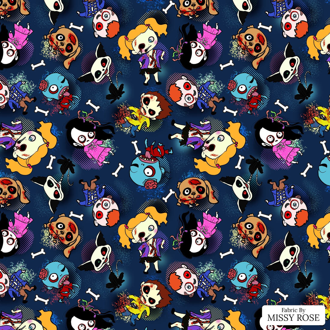 Design 951 Navy Zombie Fabric – flat view of the print, zoom in for detail | Fabric by Missy Rose