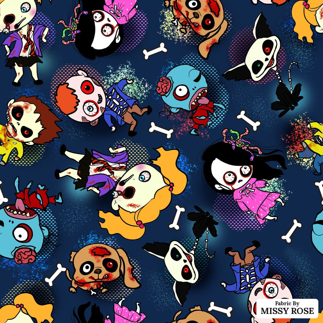 Design 951 Navy Zombie Fabric – flat view of the print, zoom in for detail | Fabric by Missy Rose