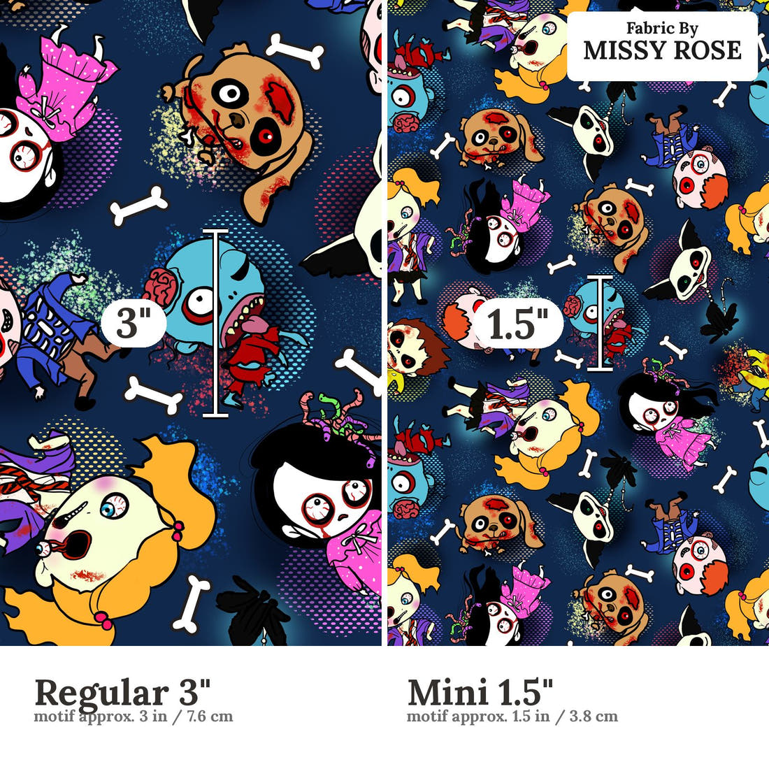 Design 951 Navy Zombie Fabric Regular 3 inch vs Mini 1.5 inch print scale side by side | Fabric by Missy Rose