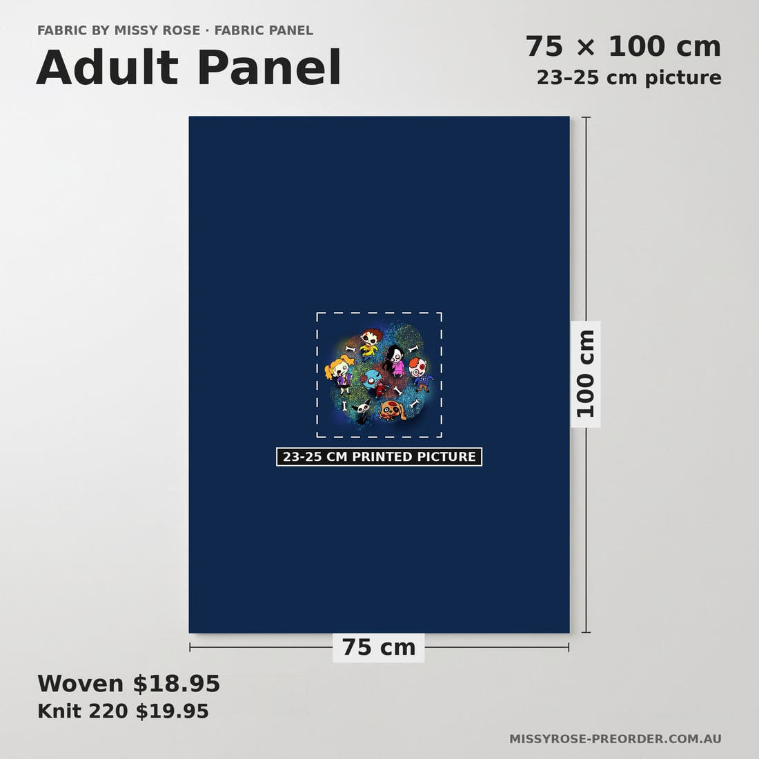 Design 951 Navy Zombie Panel adult panel sizing – 23–25 cm printed picture on 75 × 100 cm fabric | Fabric by Missy Rose
