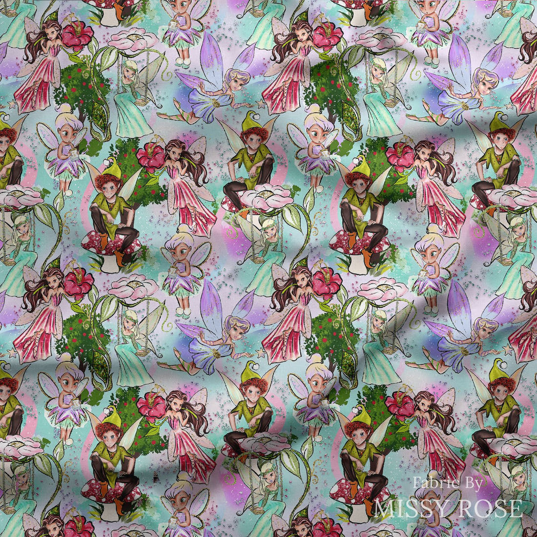 Design 952 Fairies Fabric draped fabric mockup – custom printed fabric by the metre | Fabric by Missy Rose